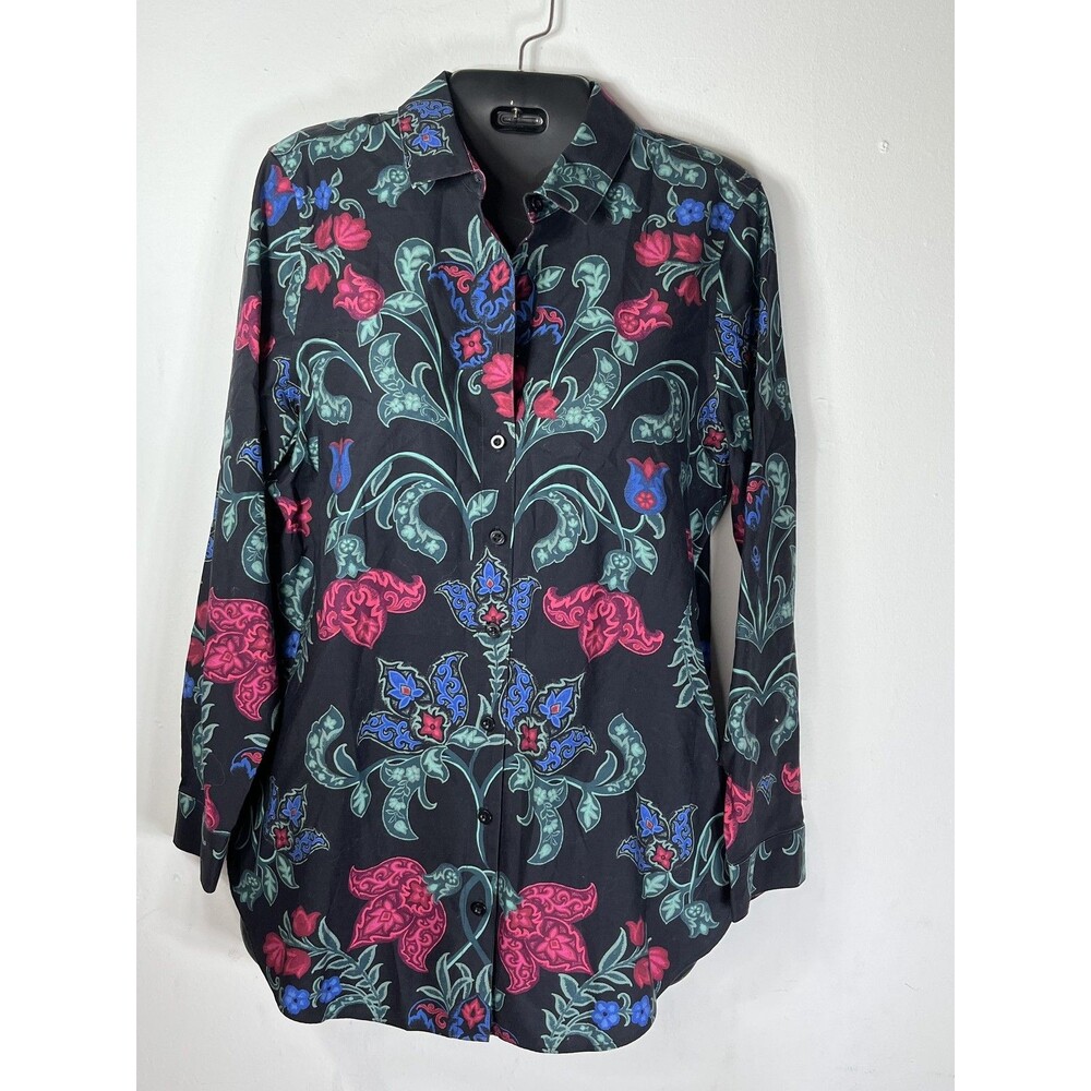 Chico's Shirt Womens Size S 4 0 Black Floral Collared Button Up Tunic Top